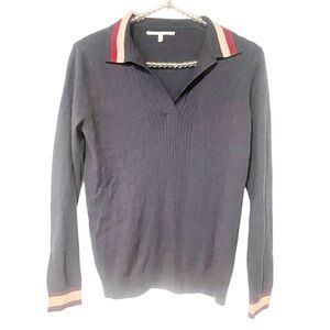 Jodhpur Size 0 Blue Cashmere Wool Ribbed V Neck Collared Sweater